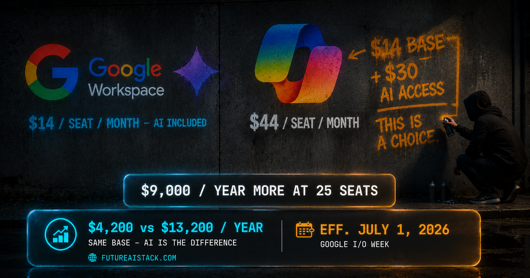 A hooded figure spray-paints the true Microsoft 365 plus Copilot cost versus Google Workspace with Gemini included.